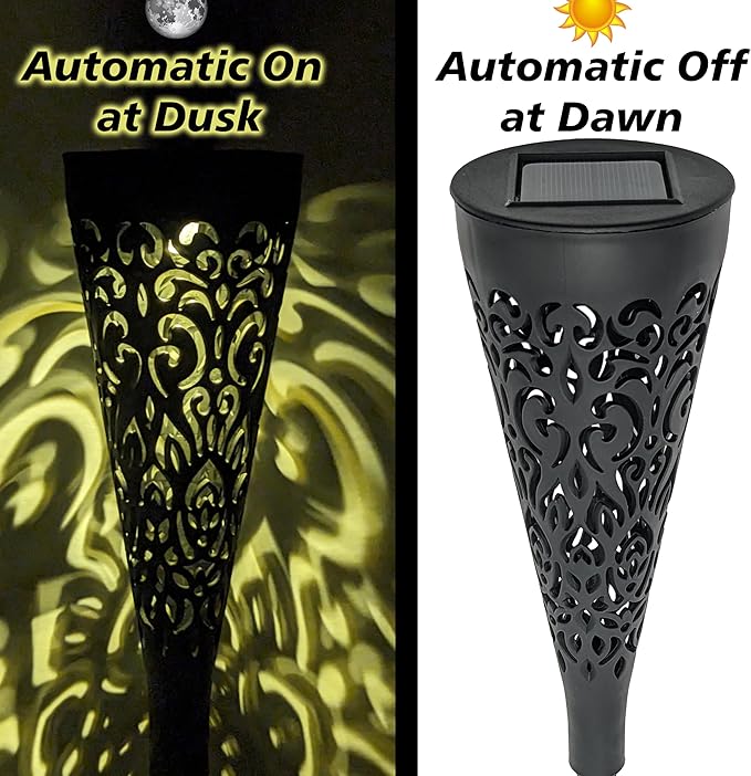 EX ELECTRONIX EXPRESS 6 Pack Solar Charging Decorative Walkway Patio Lawn Lights - Warm Yellow Subtle Pattern Lighting - Automatic On at Dusk and Off at Sunrise - Weatherproof Black Plastic