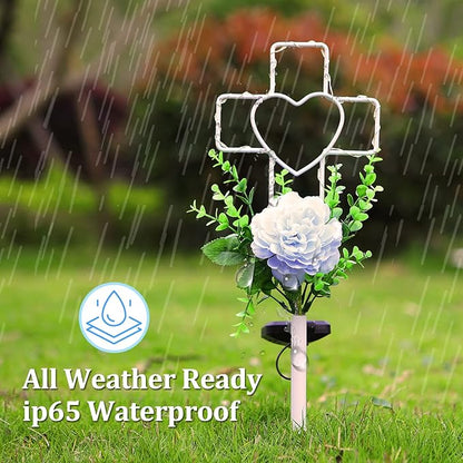 16 Inch Solar Cross Garden Stake Lights with 1 Artificial Flower Metal Garden Art for Patio Lawn Garden Decor Solar Outdoor Love Sign for Gravesites Memorial and Ideal Gifts for Loved Ones