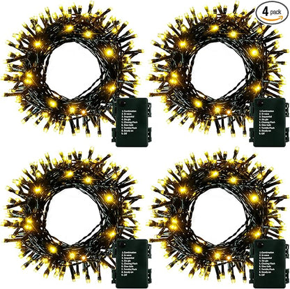 4 Pack- Battery Operated Outdoor Tree String Lights with 50 Warm White LEDs on 16.5ft/5m of Dark Green Cable,Outdoor Battery Xmas Wreath Lights with Timer for Christmas Yard Holiday Decoration