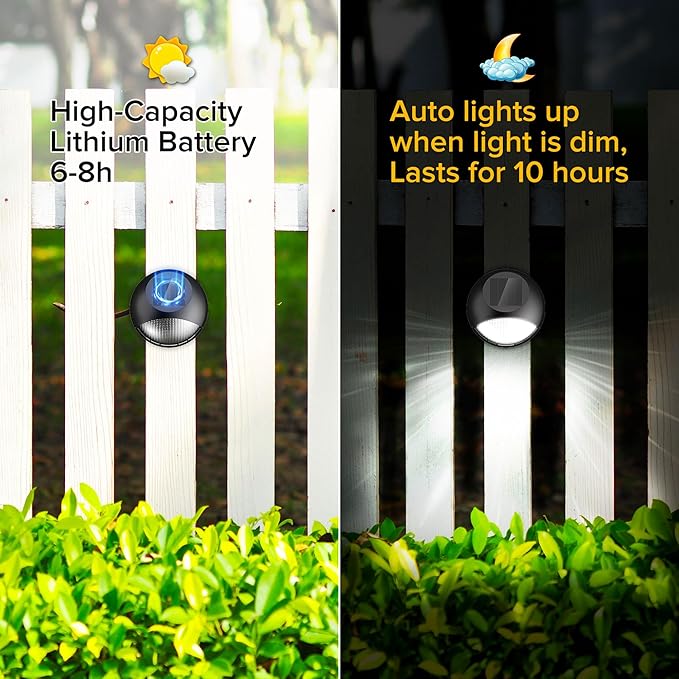 JJX Solar Fence Lights 2 Pack, Solar Deck Lights Outdoor Waterproof Stair Outdoor Step Light for Outside, Deck, Patio, Pathway and Yard, Warm White