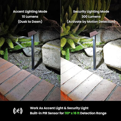 Mesh Linkable Series 4-Pack Solar LED Security Pathway Light w/ LiFePO4 Battery, 300LM, Auto-linking, 110°x16 ft Motion Detection, CCT 3000K/4000K/5000K, 4-Channel Settings, Stainless Steel, Bronze