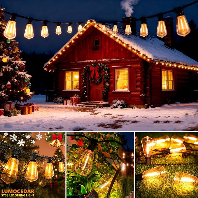 Outdoor LED String Lights with 100 Feet 52 Edison Plastic Bulbs(2 Spare), Waterproof Hanging Lights for Patio Backyard Porch Balcony Party Christmas Decoration