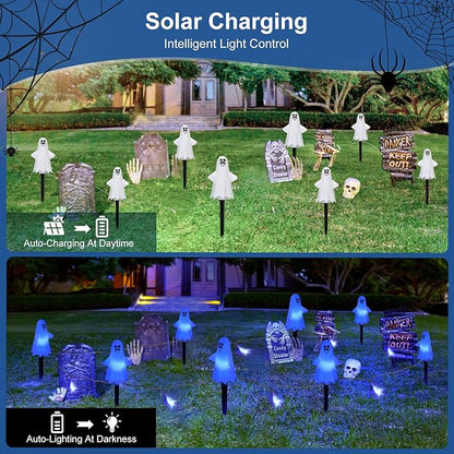 8Pcs Ghost Halloween Decor Pathway Lights Outdoor, Solar Powered Ghost Stake Lights with 8 Lighting Modes, Waterproof Halloween Decorations for Garden/Yard/Patio