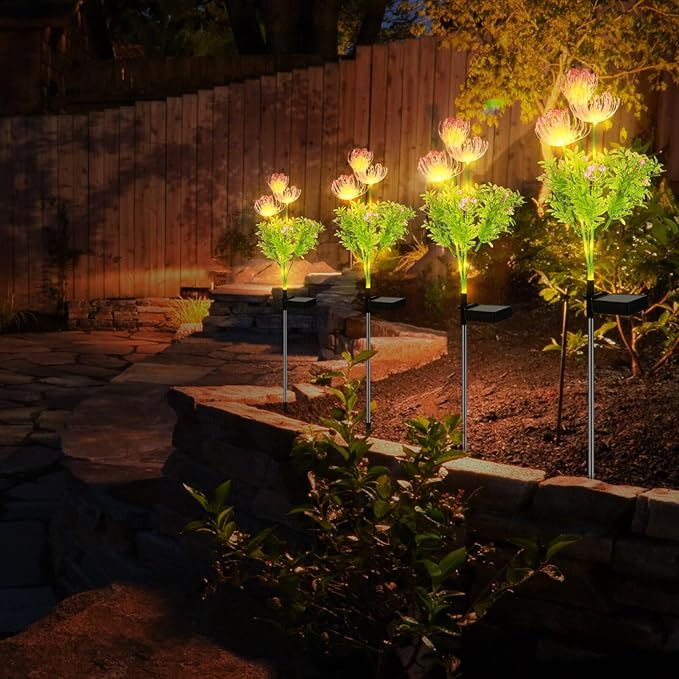 4 Pcs Solar Flower Lights Outdoor Waterproof, Solar Garden Lights for Pathway, Yard, Patio, Lawn, Easy Installation, Auto on/Off, Energy-Saving, Ip65 Weatherproof, Multi-Color Led Decoration