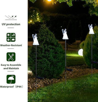 Glitzhome Solar Lights Outdoor 3 Pack Solar Angel Stake Lights with Stainless Steel Pole for Garden Deck Patio Landscape Decorating
