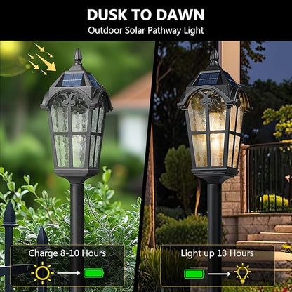 Emliviar Solar Pathway Light with Water Grain Glass Shade, 46 Inch Classic Post Lamp with Round Base in Black Finish, Portable Floor Lamp for Outdoor Travel, LED Bulb Included, YXE302PL-ML SL BK