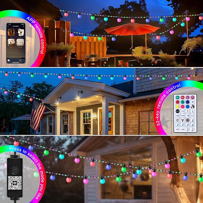 Smart Outdoor String Lights 65.6Ft, RGB IC Color Changing LED Patio Light IP67 Waterproof with 26 G40 Bulbs, Remote, App Control, Timer, Music Sync 5V Outdoor Hanging Lights for Garden Party Christmas