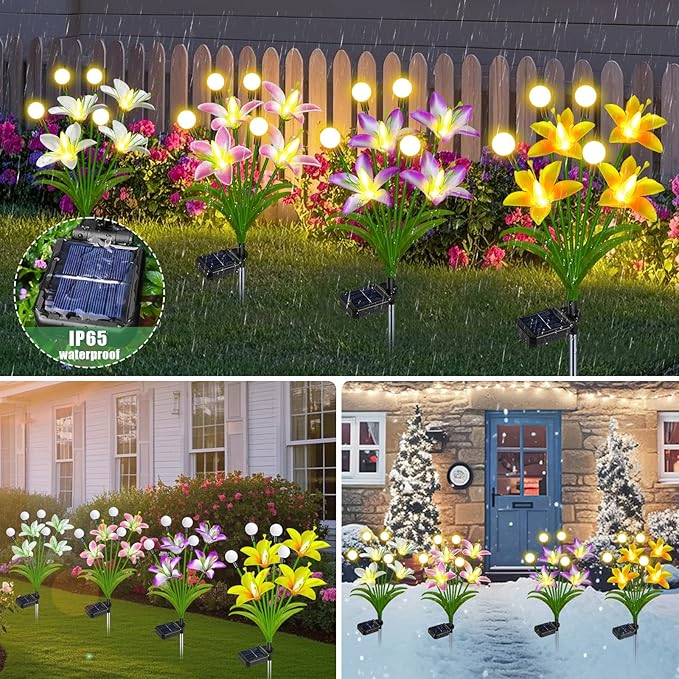Solar Lights Outdoor Flowers Garden Decor,Firefly Lights with 4 Color Wild Lily Light, Solar Flowers Outdoor Waterproof for Patio Yard Gifts for Women Mom