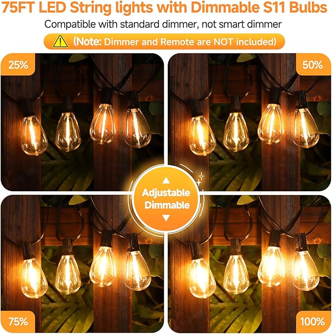 150FT(2x75FT) LED Outdoor String Lights S11 Dimmable Patio Light, with 44+3 Waterproof Shatterproof Edison 2700K | Lumora