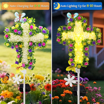 YJFWAL Solar Flower Cross for Cemetery Grave, Grave Decorations for Cemetery Solar Crosses, Sympathy Memorial Gifts, for Garden Lawn Yard Patio Decor