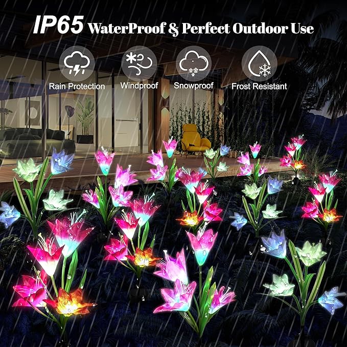3 Pack Solar Powered Lily Flower Lights Outdoor, Waterproof Color Changing Garden Lights with Large Solar Panel for Patio, Yard, Pathway Decoration