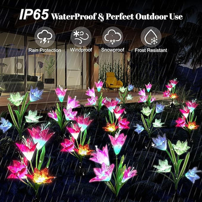 3 Pack Solar Powered Lily Flower Lights Outdoor, Waterproof Color Changing Garden Lights with Large Solar Panel for Patio, Yard, Pathway Decoration