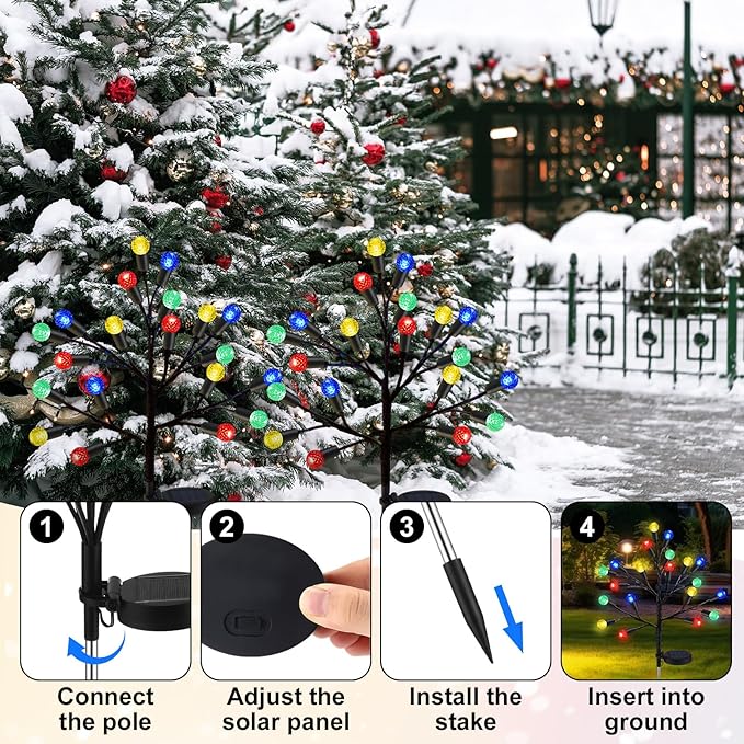 2 Pcs 40 LED Christmas Solar Pathway Lights Outdoor Decoration 28" Christmas Yard Stake Light Waterproof Solar Xmas Decoration 8 Modes Pineapple Ball Tree for Walkway Path Garden Patio