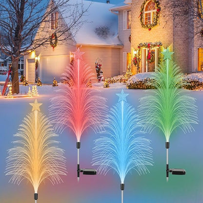 Christmas Pathway Lights Outdoor, 4 Pack Christmas Tree Lights, 7 Color Changing Solar Stake Lights with Topper Star IP44 Waterproof for Garden Lawn Porch Front Door Patio Holiday Decor