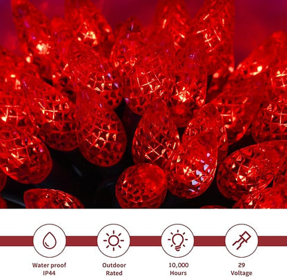 WATERGLIDE C6 Valentines Lights, 33ft 100 LED Faceted String Lights Green Wire Christmas Fairy Lights with 29V Adaptor, 8 Lighting Mode, Waterproof for Indoor Outdoor Patio Xmas Tree Party Decor, Red