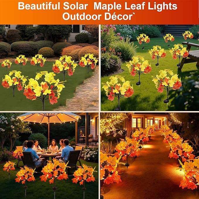 Fall Solar Lights Outdoor Decorative, 2Pack 40LED Solar Fall Lights Waterproof for Yard & Garden,Fall Outdoor Decorations for Yard, Maple Leaf Thanksgiving Halloween Christmas Grave Décor (2 Pack)
