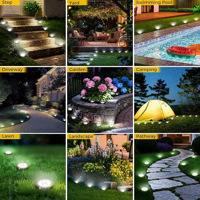 10 Pack Solar Ground Lights Outdoor, 8 LED Mini Flat Solar Disk Lights, IP65 Waterproof Anti-Rust Disc Light | Lumora