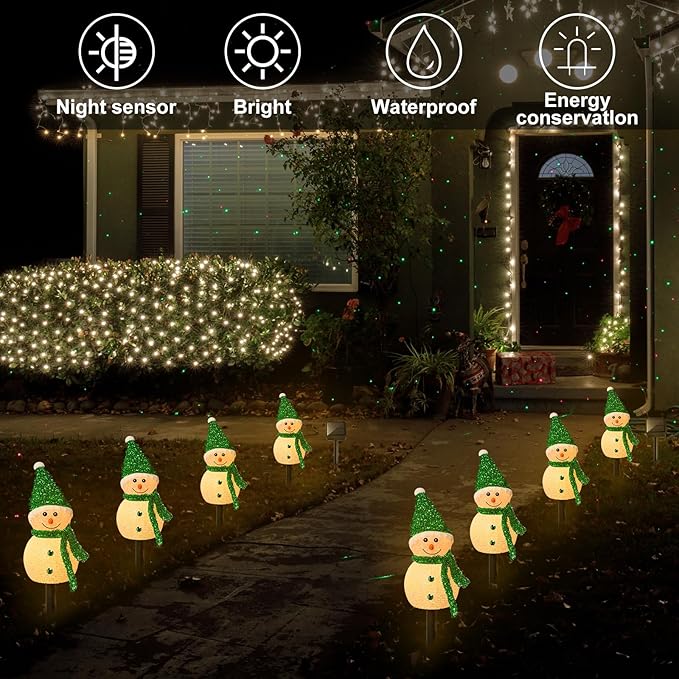 4 Pcs Solar Christmas Snowman Outdoor Decorations LED Stake Lights Solar Snowman Santa Waterproof Walkway Landscape Lights for Pathway, Winter Yard, Garden Decor(Green)