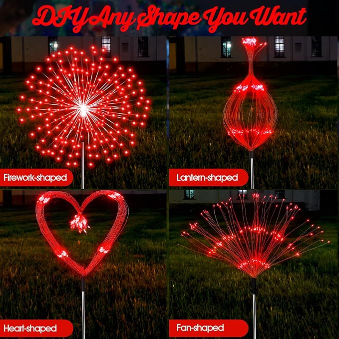 4th of July Decorations Outdoor 4 Pack Colored Solar Firework Lights with 180 LED Patriotic Solar Lights 8 Lighting Modes for Yard Pathway Garden Patio Party Decorations(Red)