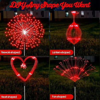 4th of July Decorations Outdoor 4 Pack Colored Solar Firework Lights with 180 LED Patriotic Solar Lights 8 Lighting Modes for Yard Pathway Garden Patio Party Decorations(Red)