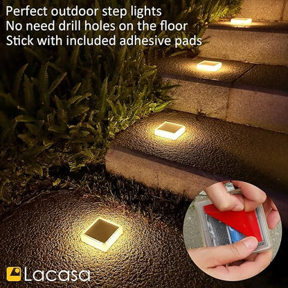 Lacasa Solar Deck Lights, 4 Pack 30LM LED Dock Lights Warm White 2700K, Outdoor Solar Powered Step Lights Light up All Night IP68 Waterproof Auto ON/Off for Garden Stairs Driveway Pathway Lighting