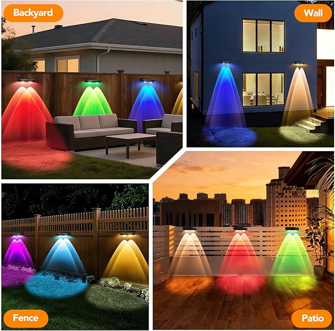 Solar Fence Lights Outdoor 2Pack, Warm White & 6 Color Change and Glass Panel, Waterproof High Brightness Solar LED | Lumora