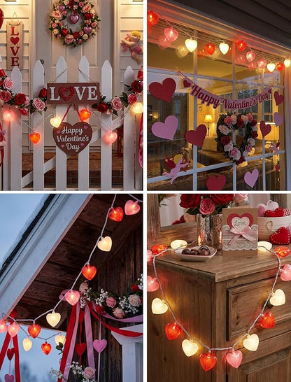 Valentines Day Heart String Lights Plug in, 8.5Ft Indoor Outdoor Valentine's Day Decorations String Lights with 10 LED Red Pink and White Heart Lights for Wedding Party Window Christmas Birthday Decor