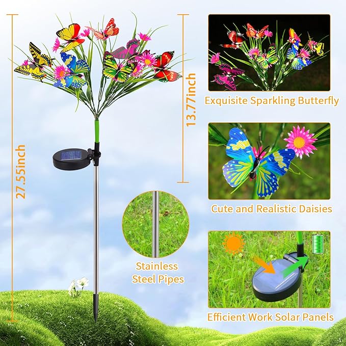 AVEKI Solar Garden Lights, 2 Pack 84LED 14 Butterfly 28 Daisy Flower Solar Powered Lights IP65 Waterproof Stake Lights Outdoor Landscape Lights for Yard Patio Lawn Gift for Women (Pink-1)