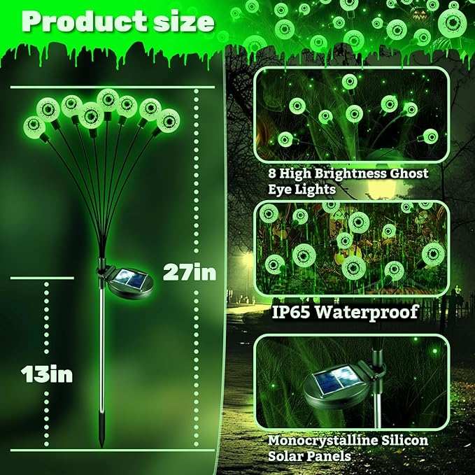 Solar Halloween Lights Decorations Outdoor: 2 Pack 16LED Scary Eyeball Light Swaying for Yard Decor - Green Firefly Ghost Lighting Garden Lawn Pathway Party Outside Decorative