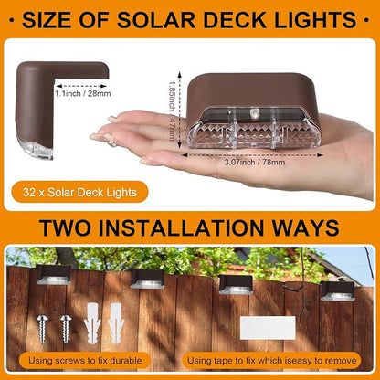 Geelin 32 Pcs Solar Deck Lights Outdoor, Waterproof LED Solar Step Fence Lights for Stairs, Step, Railing, Patio, Driveway, Garden, Pathway and Yard(Brown Shell Multicolor Light)