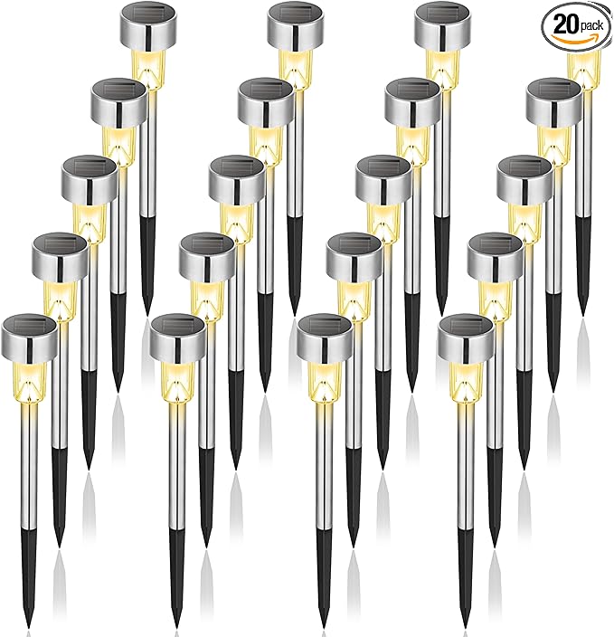 GIGALUMI Solar Lights Outdoor Waterproof, 20 Pack, Stainless Steel LED Solar Garden Lights for Patio, Lawn, Yard and Landscape,Garden Decor Patio Decor, Warm White
