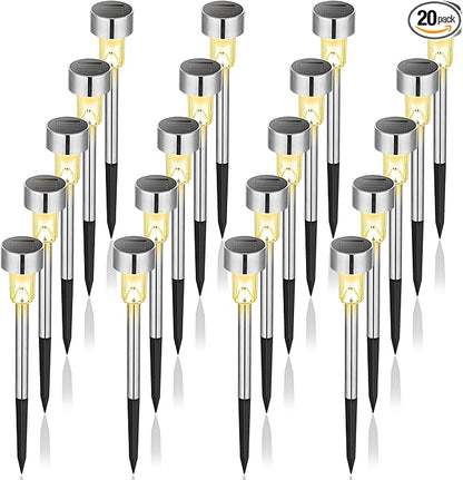 GIGALUMI Solar Lights Outdoor Waterproof, 20 Pack, Stainless Steel LED Solar Garden Lights for Patio, Lawn, Yard and Landscape,Garden Decor Patio Decor, Warm White