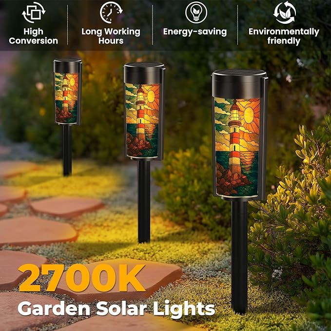 4 Pack Solar Pathway Lights Outdoor Waterproof Coastal Lighthouse Stained Glass Hanging Ornament Solar Garden Lights LED Landscape Lighting for Yard Walkway Lawn Garden Decor
