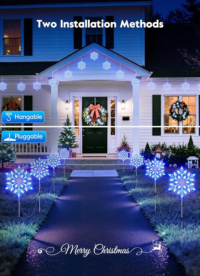 Brightown Snowflake Lights Outdoor, 10 Large Snowflake Christmas Pathway Lights, Christmas Decorations Outside Yard Sidewalk Walkway Driveway Marker Stake, Blue & White