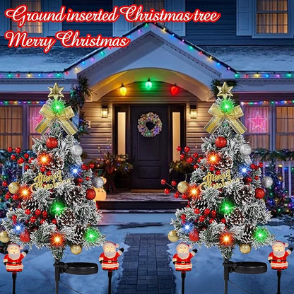 2 Packs Solar Christmas Tree - 34 Inch 40 LED Lights with 4 Glowing Mini Santas, 2 Modes, Waterproof Outdoor Solar Powered Xmas Decor for Garden Yard Pathway Lawn