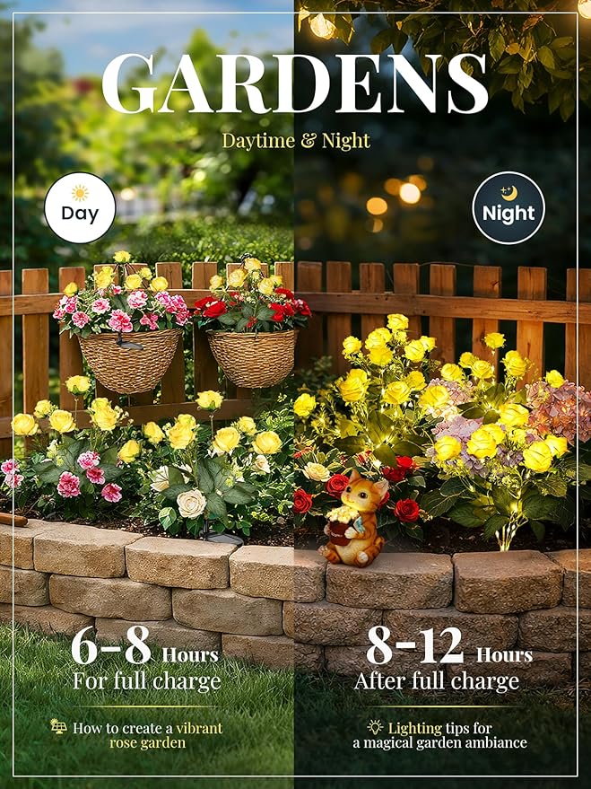 GIGALUMI Solar Lights Outdoor for Garden Decor, 4 Pack Solar Flower Lights Waterproof, 2 Lighting Modes 28 Rose Flowers for Pathway,Yard, Patio Decoration, Gardening Gifts for Women (Yellow)