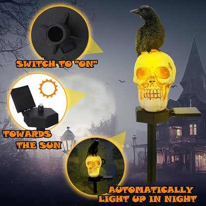 Retisee 2 Pcs Halloween Garden Decor Solar Skull Lights with Black Crow on Skull Waterproof Solar Skeleton Lights Outdoor LED Light up Skeletons Halloween Outdoor Decor for Garden Pathway Lawn Yard