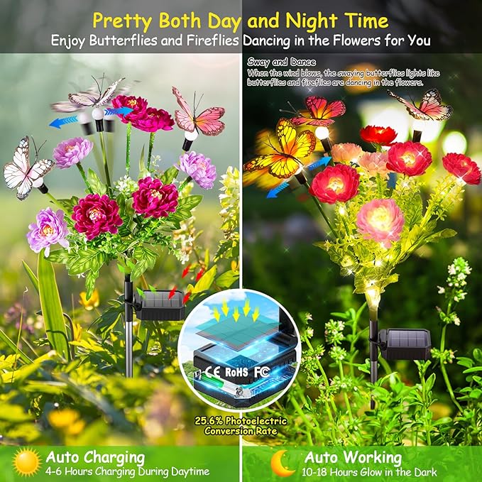 GARPAR Solar Garden Decor, 3 Pack Solar Lights with 9 Butterflies & 21 Blooming Flowers, Solar Flowers Outdoor Waterproof, Garden Lights for Outdoor Decorations