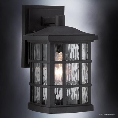 Urban Ambiance Luxury Craftsman Outdoor Wall Light, Small Size: 10.5" H x 6.5" W, with Tudor Style Elements, Highly-Detailed Design, High-End Black Silk Finish and Water Glass, UQL1230