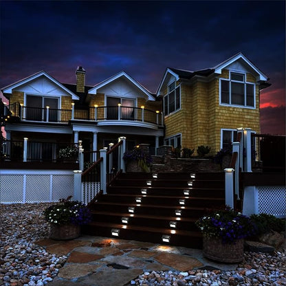 Solar Fence Lights Outdoor, Waterproof Deck Pathway Yard Lamp, Stainless Steel, 2 Pack, Black Metal case, White Light