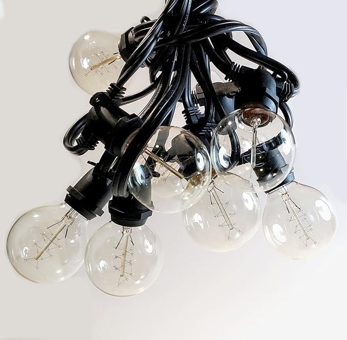 Hometown Evolution, Inc. Commercial Edison Bulb Outdoor String Lights with Hand-Threaded Filament (G50 Spiral Edison - Commercial Black Wire, 25 ft)