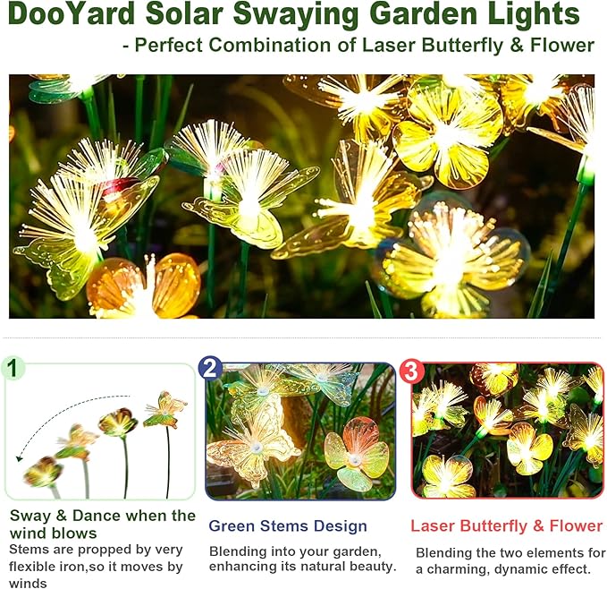 Solar Butterfly&Flower Garden Lights - Outdoor Light for Yard Decoration, Larger Solar Panel, Waterproof LED Garden Lights for Pathway&Holiday Decor(2pack)