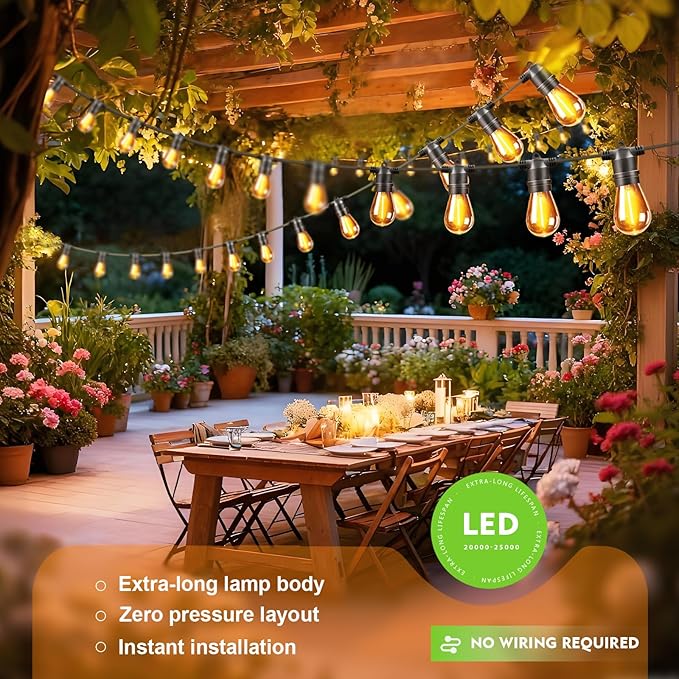 34ft S14 String Lights with 15 Golden Yellow Light Guide Column LED Bulbs – Shatterproof Waterproof E26 for Outdoor | Lumora