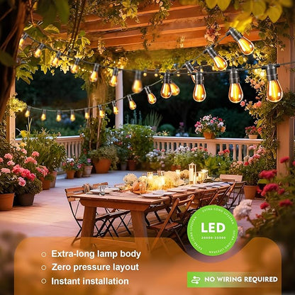 34ft S14 String Lights with 15 Golden Yellow Light Guide Column LED Bulbs – Shatterproof Waterproof E26 for Outdoor Patio Garden Decor