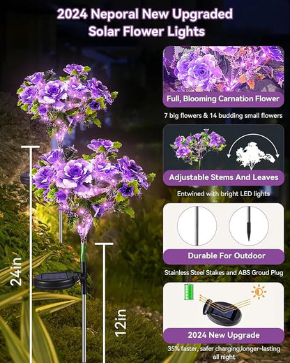 Neporal Solar Garden Lights, 4PK Dusk to Dawn Purple Carnation Solar Flowers Outdoor Waterproof for Garden Decor