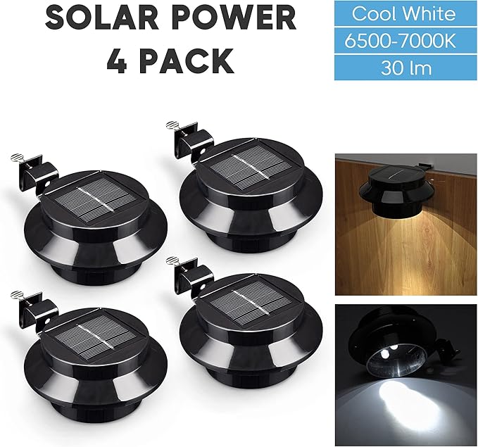 Yescom Solar Gutter Light Outdoor Waterproof 3 LED Deck Fence Lights with Bracket Wall Garden Stair Step Yard Black 4Pcs