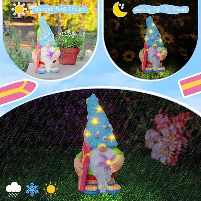 Womens Gifts Solar Garden Outdoor Statues Gnome with Surfboard and 5 LED Lights - Unique Housewarming Gifts Lawn Decor Statue for Patio, Balcony, Yard Ornament- Chrismtas Gifts for Mom Grandma