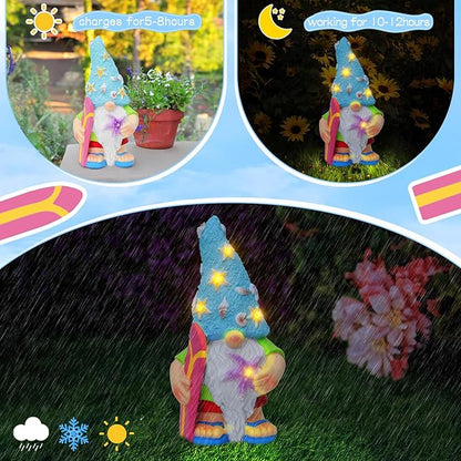 Womens Gifts Solar Garden Outdoor Statues Gnome with Surfboard and 5 LED Lights - Unique Housewarming Gifts Lawn Decor Statue for Patio, Balcony, Yard Ornament- Chrismtas Gifts for Mom Grandma
