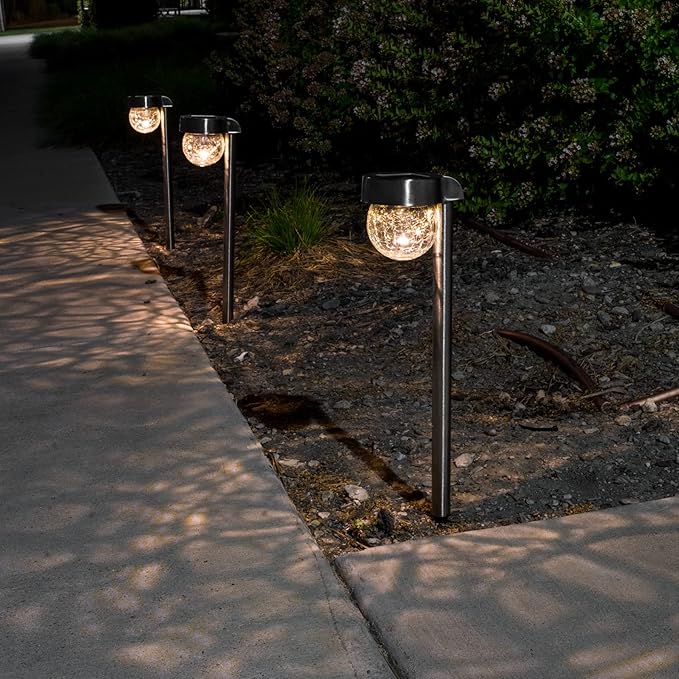 Crosslight Solar Powered Pathway Lights (4 Pack) - Hanging Crackled Ball Outdoor LED Lights, Waterproof for Garden, Yard, Patio, Lawn, Walkway - Decorative Ground Stake Lighting | Warm White