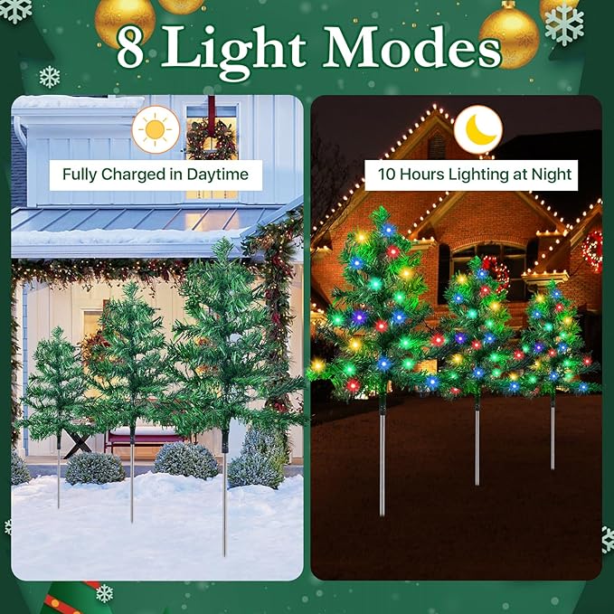 Christmas Decorations Outdoor 6-Pack Solar Christmas Tree with 8 Lighting Modes 120 Multi-Color Lights for House Outside Pathway Yard Garden Walkway Lawn Patio Front Porch Door